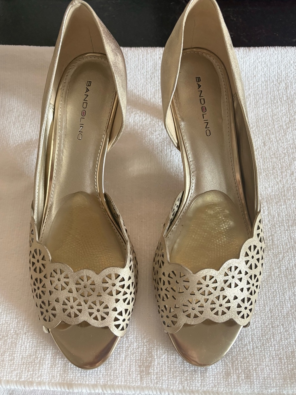 Bandolino Metallic Gold Laser-Cut Peep Toe Heels